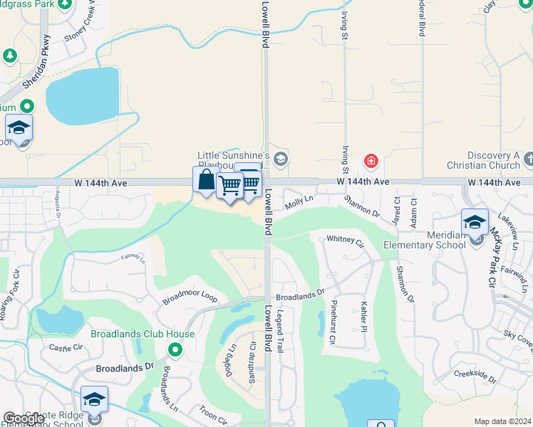 map of restaurants, bars, coffee shops, grocery stores, and more near Lowell Boulevard in Broomfield