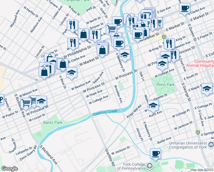 map of restaurants, bars, coffee shops, grocery stores, and more near 222 South Penn Street in York