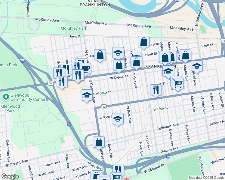 map of restaurants, bars, coffee shops, grocery stores, and more near 119 Dana Avenue in Columbus