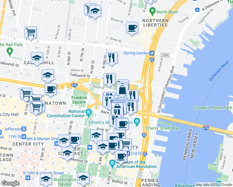 map of restaurants, bars, coffee shops, grocery stores, and more near 318 New Street in Philadelphia