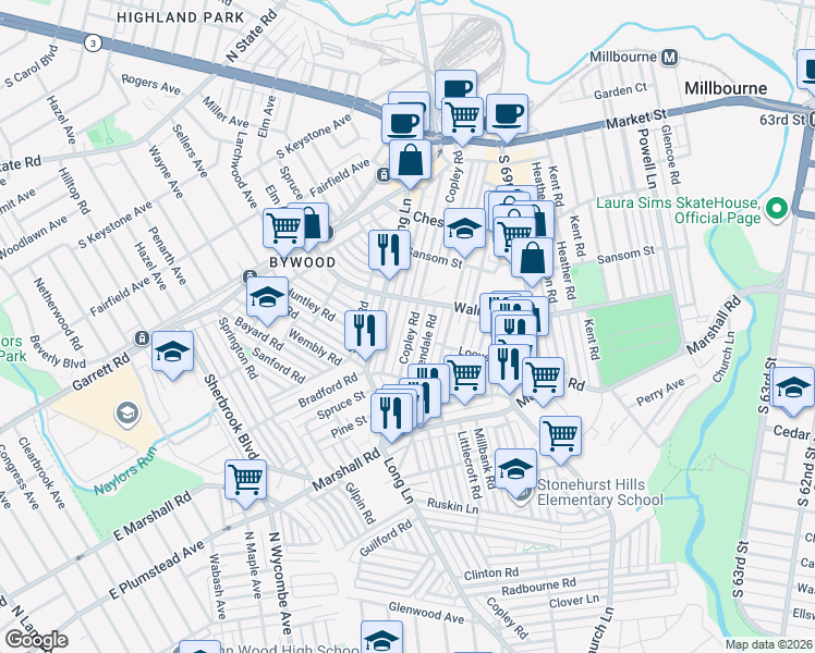 map of restaurants, bars, coffee shops, grocery stores, and more near 265 Copley Road in Delaware County