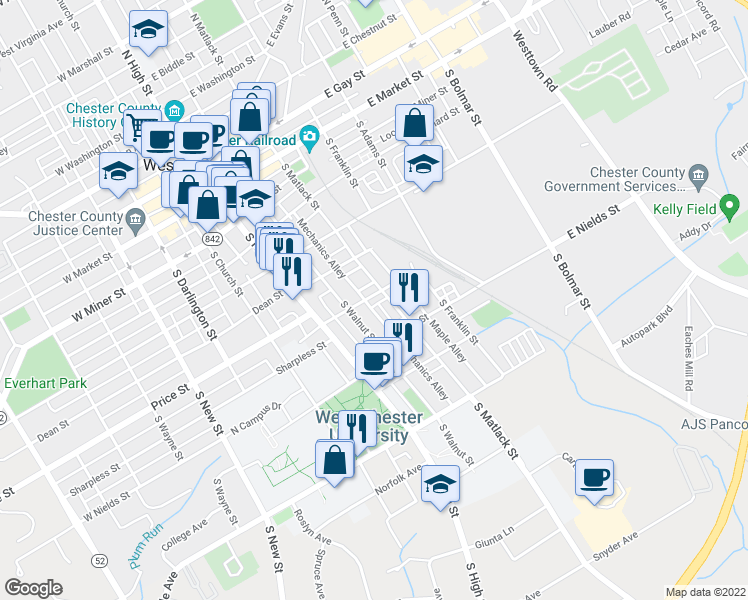 map of restaurants, bars, coffee shops, grocery stores, and more near 128 Lacey Street in West Chester