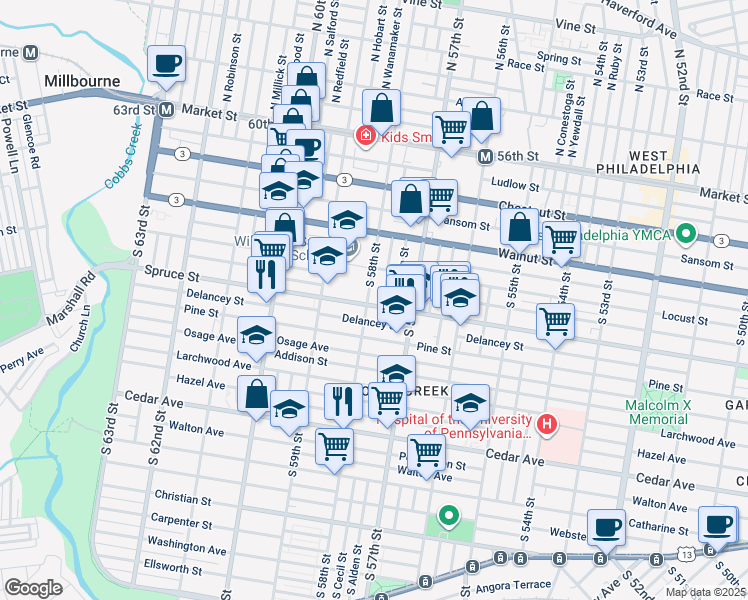 map of restaurants, bars, coffee shops, grocery stores, and more near 5739 Spruce Street in Philadelphia
