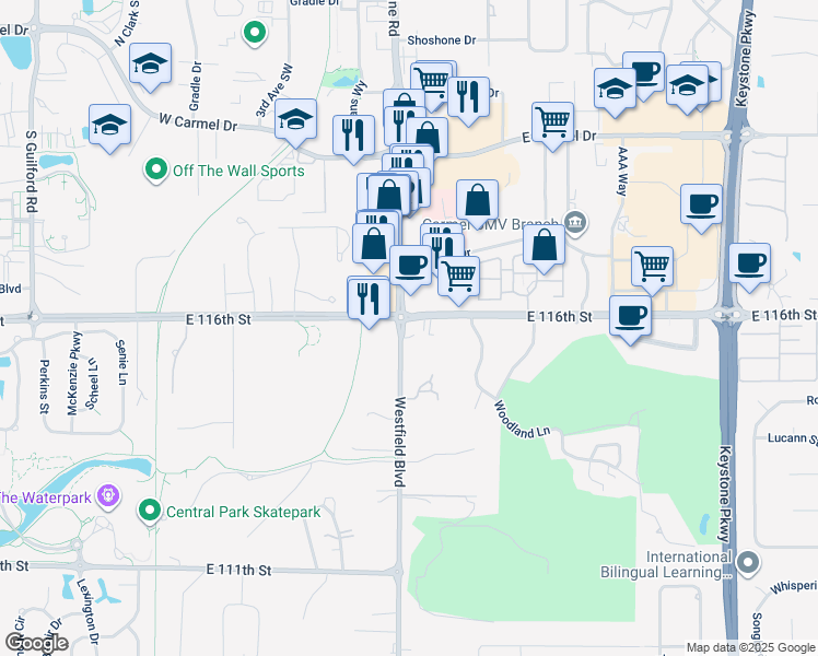 map of restaurants, bars, coffee shops, grocery stores, and more near 11530 Westfield Blvd in Carmel