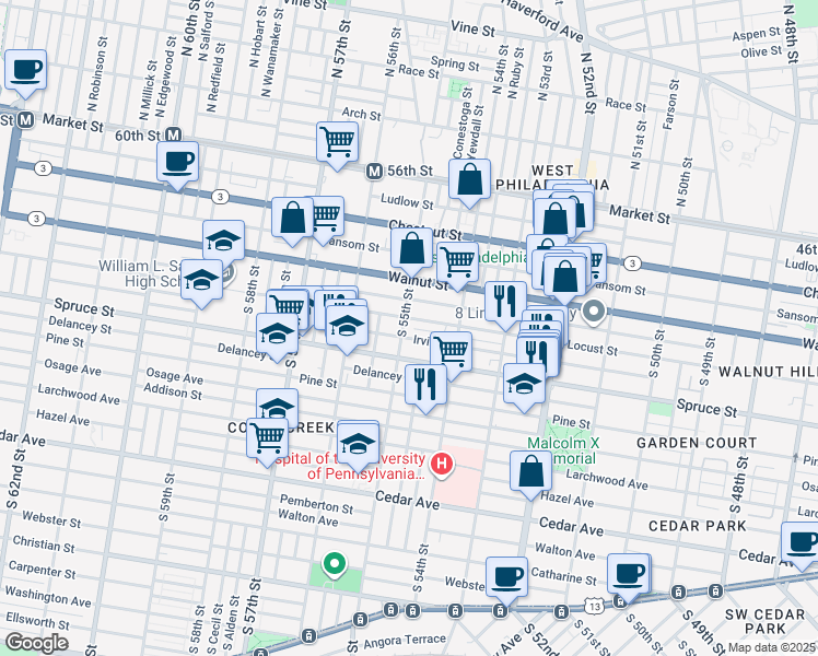 map of restaurants, bars, coffee shops, grocery stores, and more near 5441 Spruce Street in Philadelphia