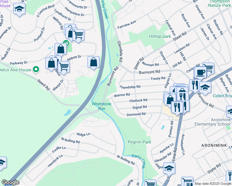 map of restaurants, bars, coffee shops, grocery stores, and more near 241 Warrior Road in Drexel Hill