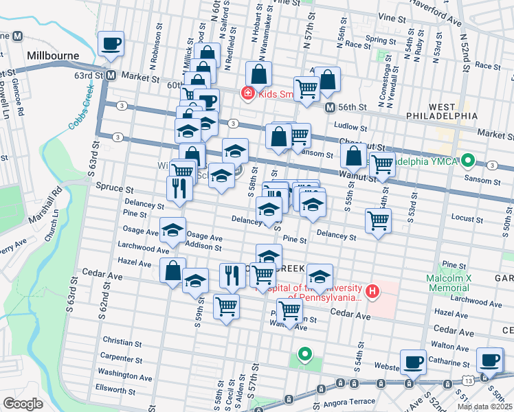 map of restaurants, bars, coffee shops, grocery stores, and more near 5733 Spruce Street in Philadelphia