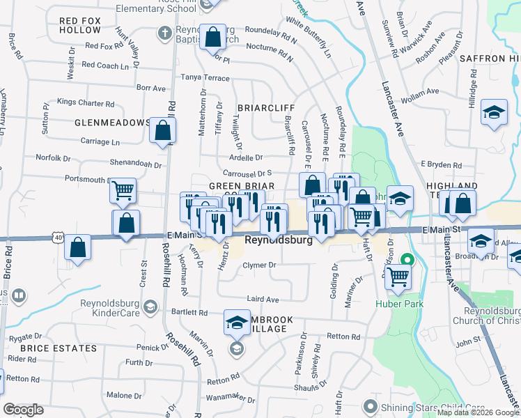 map of restaurants, bars, coffee shops, grocery stores, and more near 1235 Briarcliff Road in Reynoldsburg