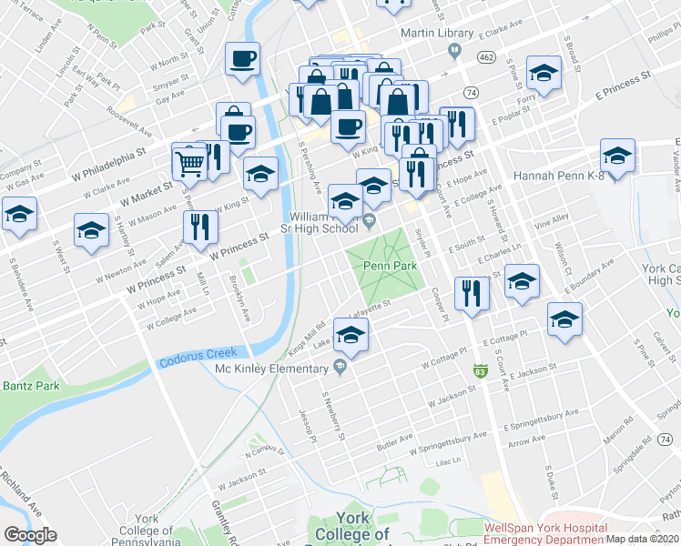 map of restaurants, bars, coffee shops, grocery stores, and more near 328 South Pershing Avenue in York