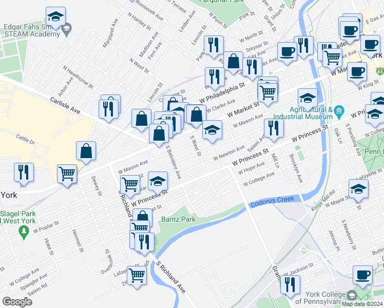 map of restaurants, bars, coffee shops, grocery stores, and more near 613 West King Street in York