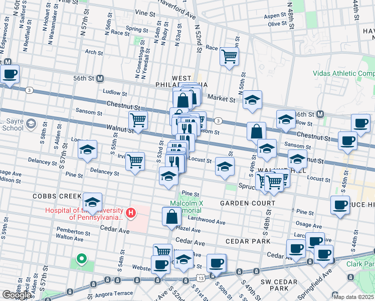 map of restaurants, bars, coffee shops, grocery stores, and more near 5132 Locust Street in Philadelphia