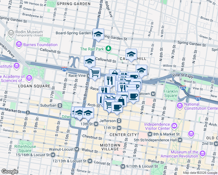 map of restaurants, bars, coffee shops, grocery stores, and more near in Philadelphia