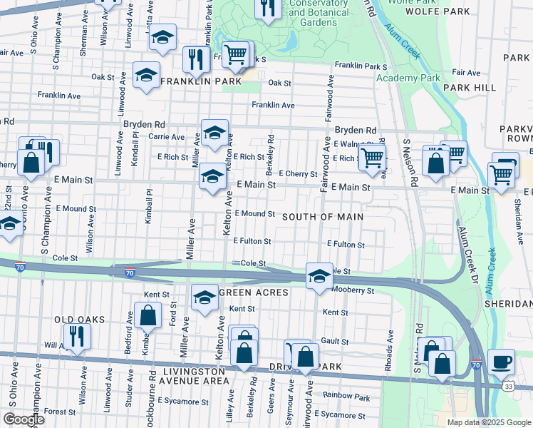 map of restaurants, bars, coffee shops, grocery stores, and more near E Mound St & Berkeley Rd in Columbus