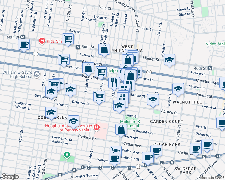 map of restaurants, bars, coffee shops, grocery stores, and more near 226 South 53rd Street in Philadelphia