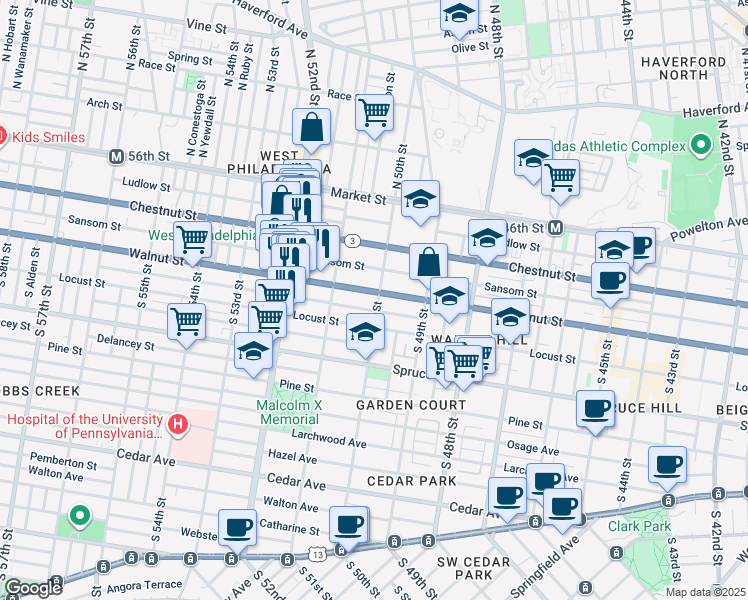 map of restaurants, bars, coffee shops, grocery stores, and more near 5002 Walnut Street in Philadelphia