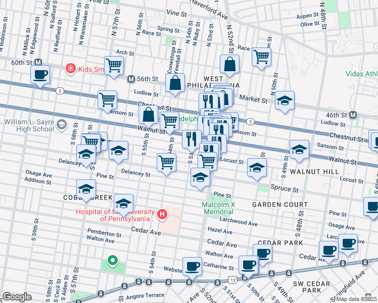 map of restaurants, bars, coffee shops, grocery stores, and more near 226 South 53rd Street in Philadelphia