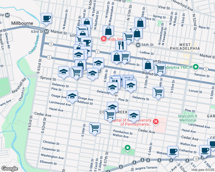 map of restaurants, bars, coffee shops, grocery stores, and more near 5733 Spruce Street in Philadelphia