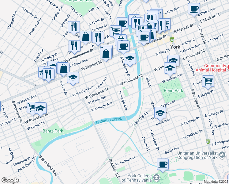 map of restaurants, bars, coffee shops, grocery stores, and more near 220 South Penn Street in York