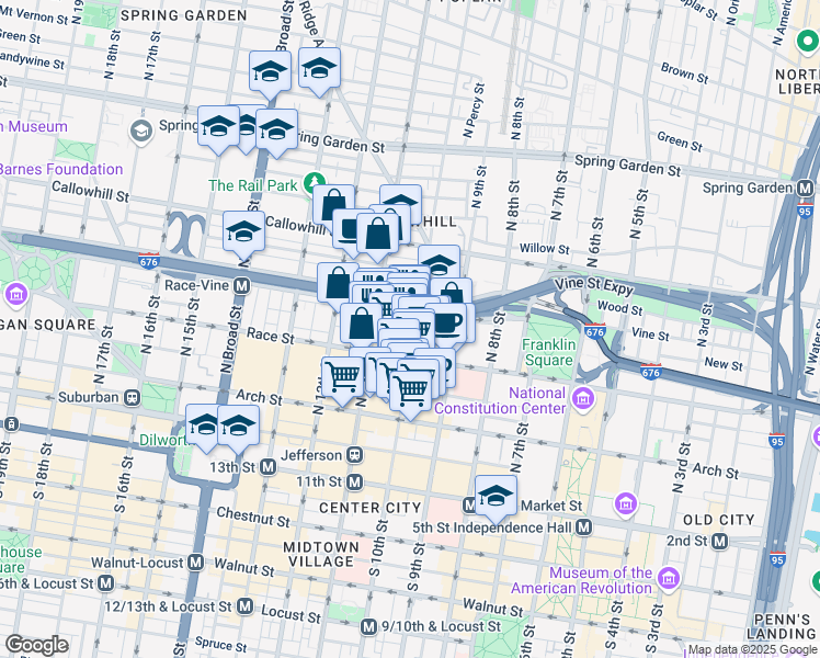 map of restaurants, bars, coffee shops, grocery stores, and more near 224 North 10th Street in Philadelphia
