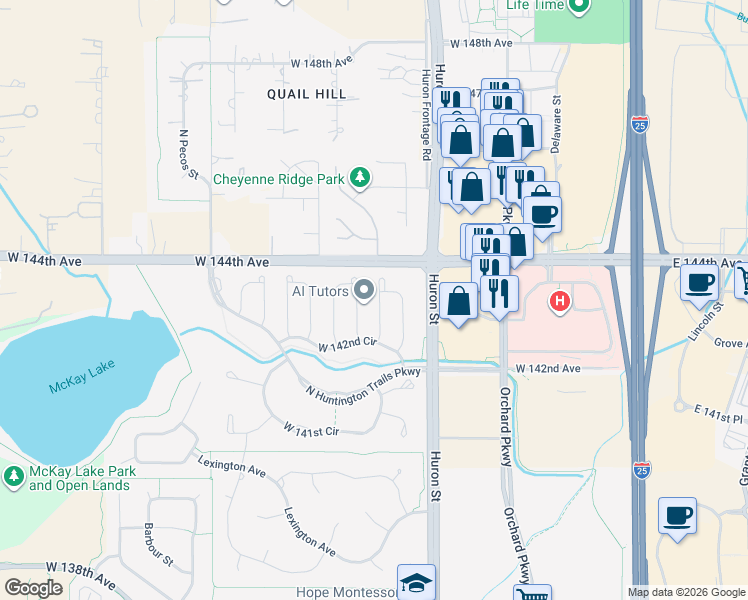 map of restaurants, bars, coffee shops, grocery stores, and more near 14300 North Kalamath Street in Westminster