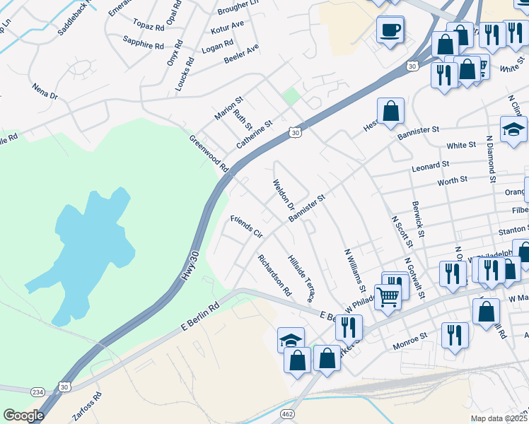 map of restaurants, bars, coffee shops, grocery stores, and more near 620 Greenwood Road in York