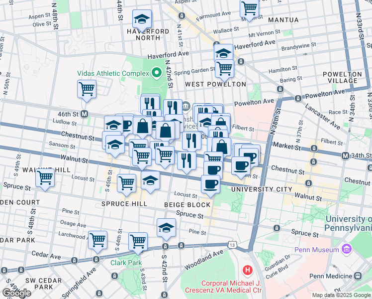map of restaurants, bars, coffee shops, grocery stores, and more near 4141 Ludlow Street in Philadelphia