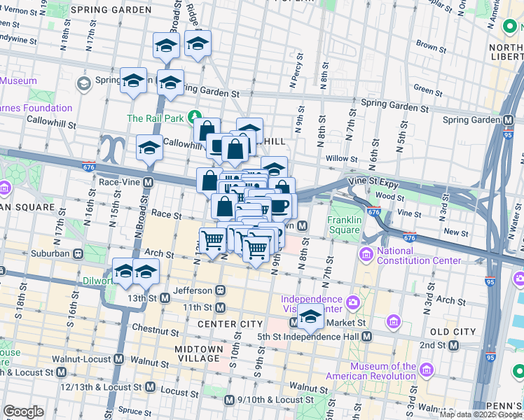 map of restaurants, bars, coffee shops, grocery stores, and more near 229 North 10th Street in Philadelphia