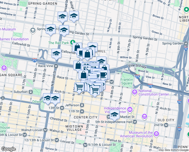 map of restaurants, bars, coffee shops, grocery stores, and more near 224 North 10th Street in Philadelphia