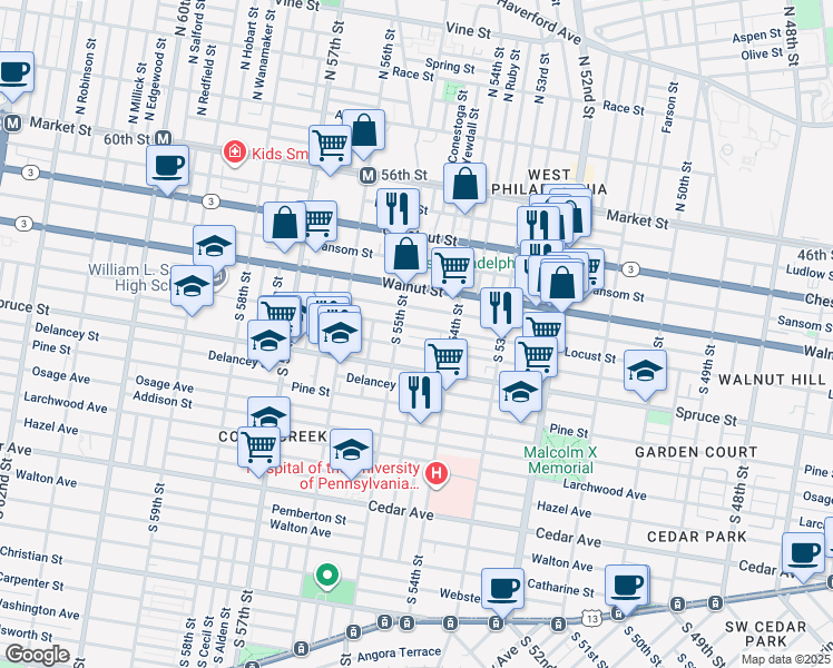 map of restaurants, bars, coffee shops, grocery stores, and more near 5448 Locust Street in Philadelphia