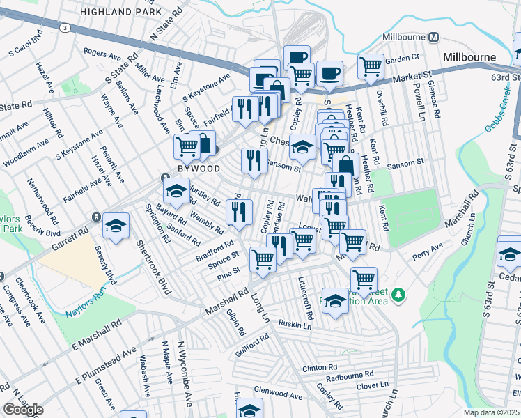 map of restaurants, bars, coffee shops, grocery stores, and more near 235 Ashby Road in Upper Darby