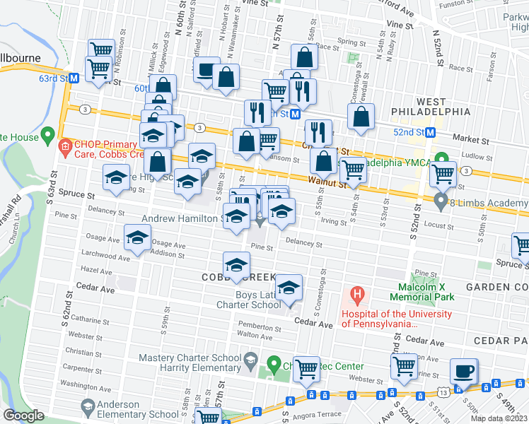 map of restaurants, bars, coffee shops, grocery stores, and more near 277 South Frazier Street in Philadelphia