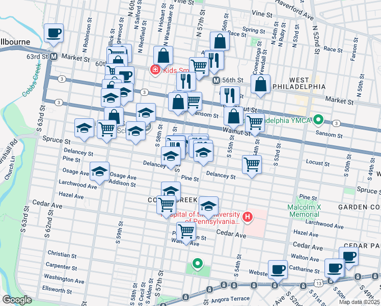 map of restaurants, bars, coffee shops, grocery stores, and more near 277 South Frazier Street in Philadelphia