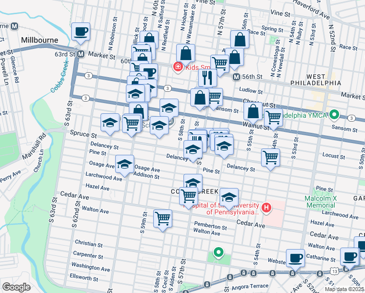 map of restaurants, bars, coffee shops, grocery stores, and more near 5739 Spruce Street in Philadelphia
