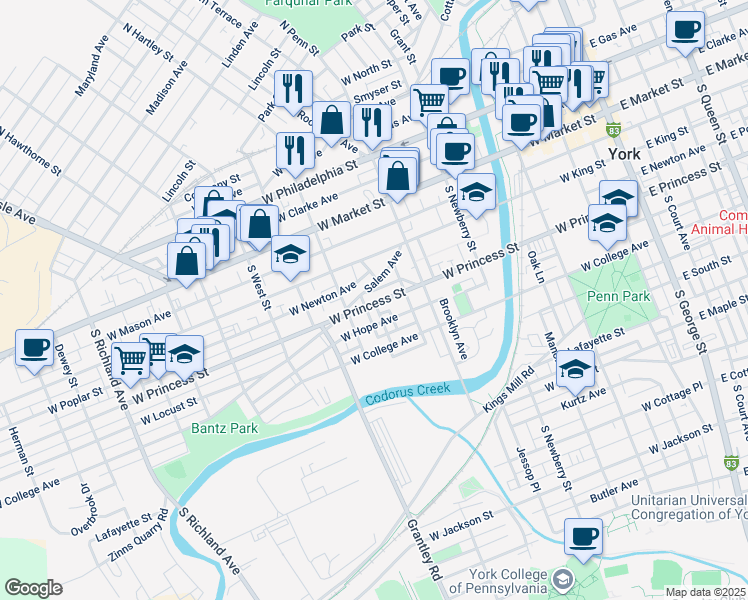 map of restaurants, bars, coffee shops, grocery stores, and more near 465 West Princess Street in York