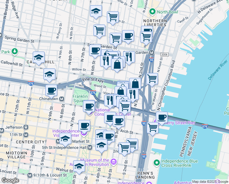 map of restaurants, bars, coffee shops, grocery stores, and more near 360 North 3rd Street in Philadelphia