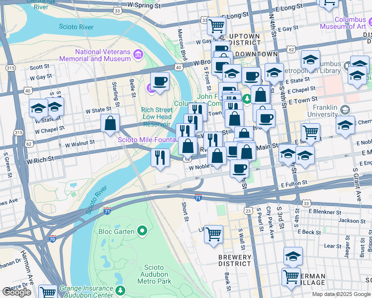 map of restaurants, bars, coffee shops, grocery stores, and more near 233 South Civic Center Drive in Columbus