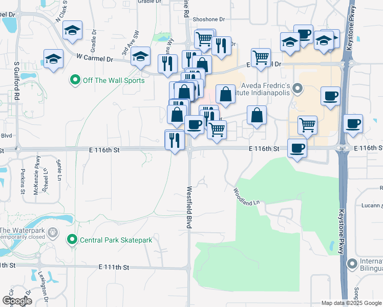 map of restaurants, bars, coffee shops, grocery stores, and more near 15201 Westfield Boulevard in Carmel