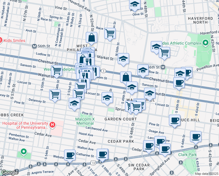 map of restaurants, bars, coffee shops, grocery stores, and more near 5002 Walnut Street in Philadelphia