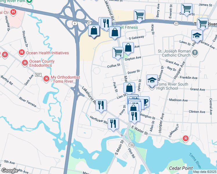 map of restaurants, bars, coffee shops, grocery stores, and more near 114 Messenger Street in Toms River