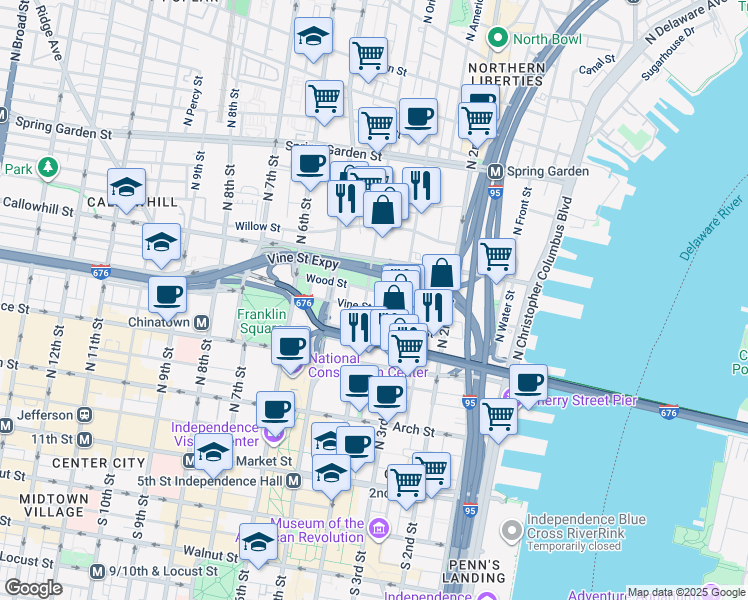 map of restaurants, bars, coffee shops, grocery stores, and more near 319 Vine Street in Philadelphia