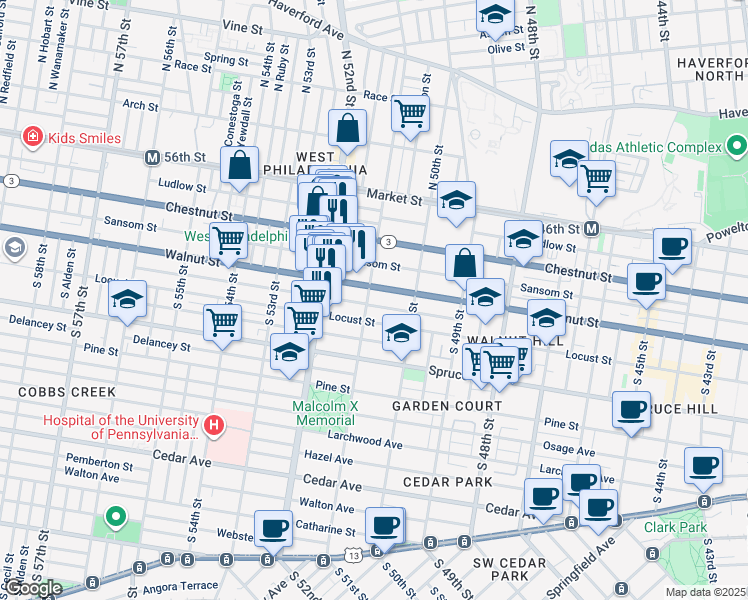 map of restaurants, bars, coffee shops, grocery stores, and more near 215 South 51st Street in Philadelphia