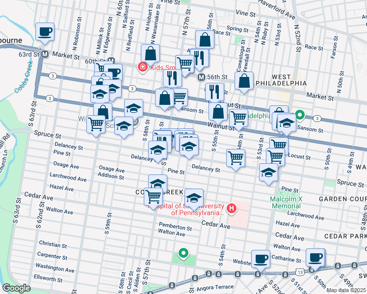 map of restaurants, bars, coffee shops, grocery stores, and more near 273 South Ithan Street in Philadelphia