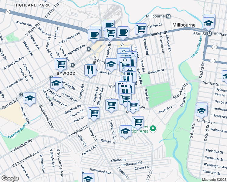 map of restaurants, bars, coffee shops, grocery stores, and more near 257 Bayard Road in Upper Darby