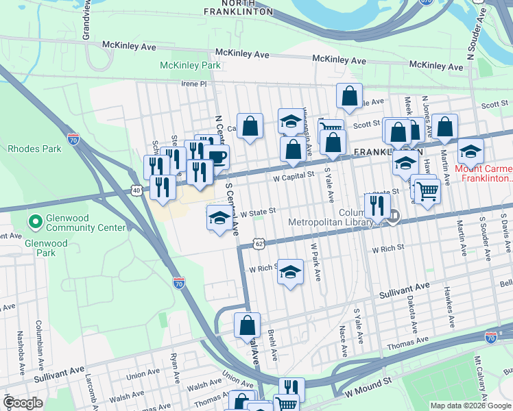 map of restaurants, bars, coffee shops, grocery stores, and more near 45 Brehl Avenue in Columbus