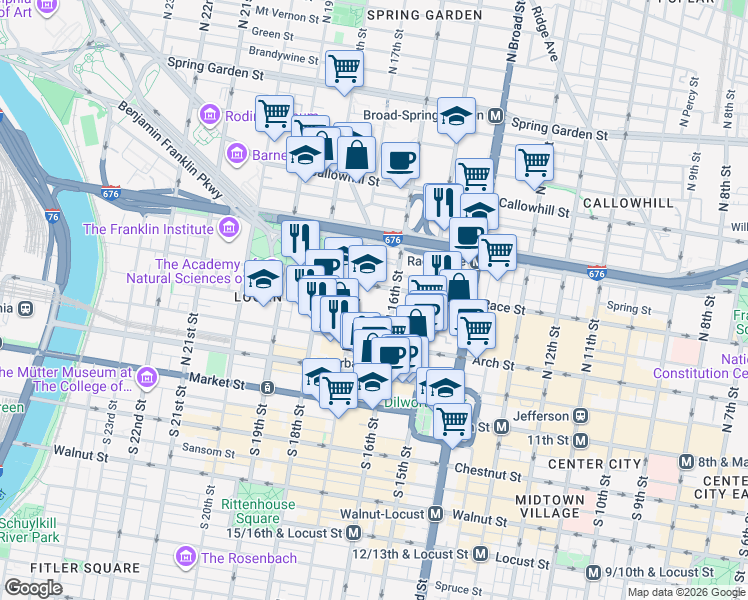 map of restaurants, bars, coffee shops, grocery stores, and more near 200 North 16th Street in Philadelphia
