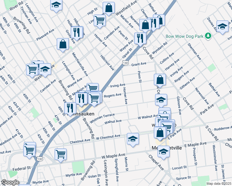 map of restaurants, bars, coffee shops, grocery stores, and more near 5753 Rogers Avenue in Pennsauken Township