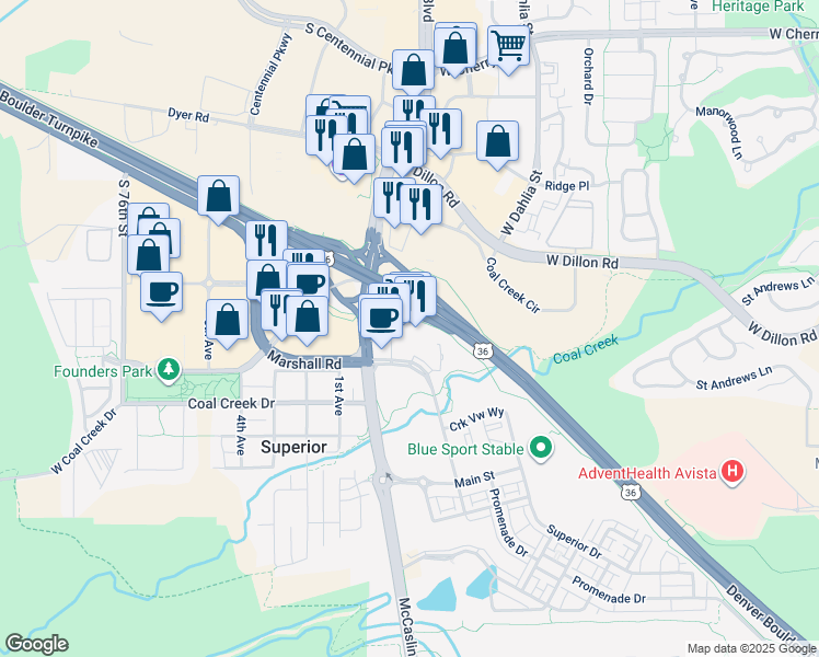 map of restaurants, bars, coffee shops, grocery stores, and more near 100 Superior Plaza Way in Superior