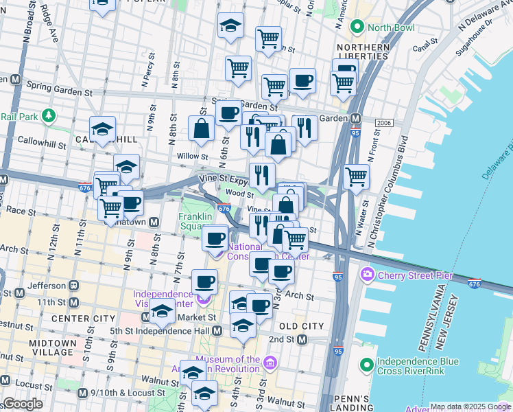 map of restaurants, bars, coffee shops, grocery stores, and more near 327 North Lawrence Street in Philadelphia
