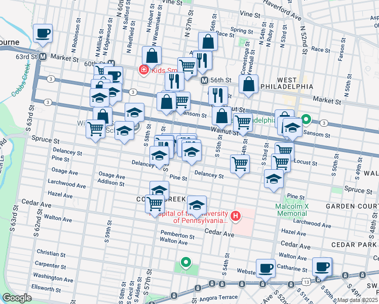 map of restaurants, bars, coffee shops, grocery stores, and more near 270 South 56th Street in Philadelphia