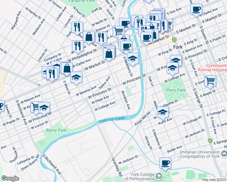 map of restaurants, bars, coffee shops, grocery stores, and more near 220 South Penn Street in York